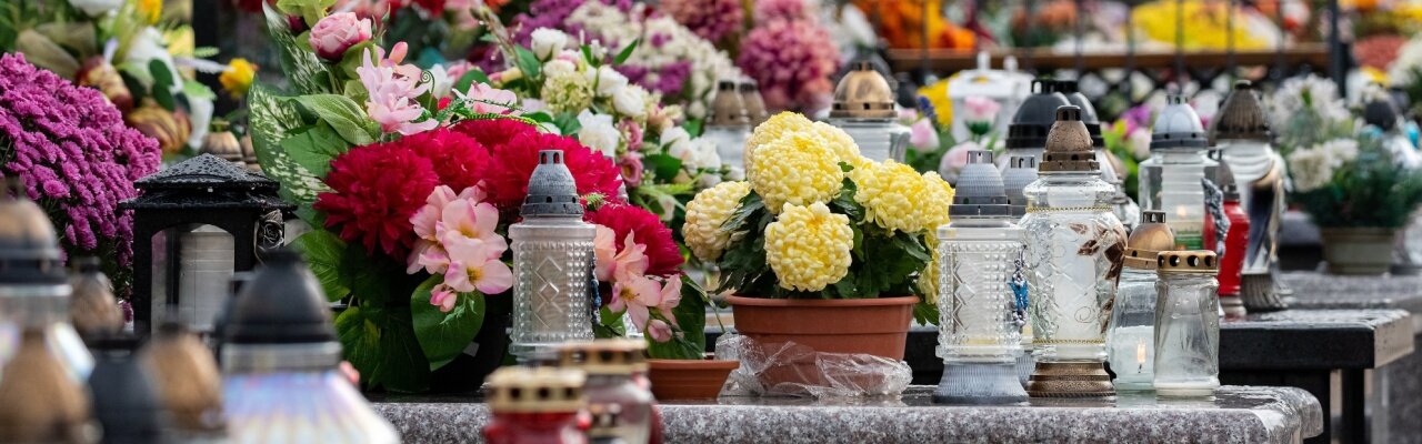 plusieurs fleurs sur tombe de différentes variétés