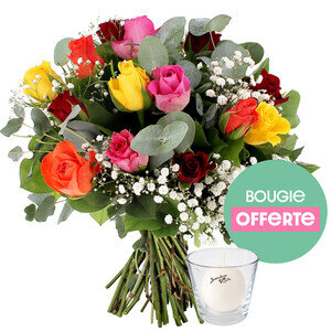 15 ROSES MULTICOLORES + GYPSOPHILE + BOUGIE