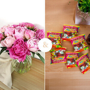 15 PIVOINES ROSES + BONBONS OFFERTS