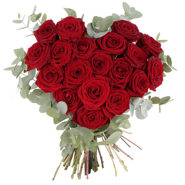 Bouquet coeur de roses rouges Red Naomi eucalyptus